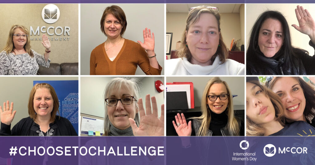 A collage of 8 woman who work at McCOR raising their right hand in support of International Womans Day